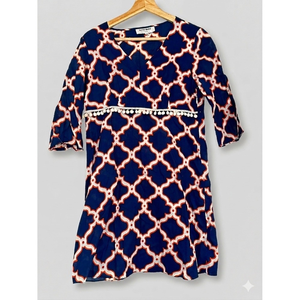 Skirtin Around Navy Orange Trellis Pom Pom Trim V-Neck Tunic Dress Womens 6